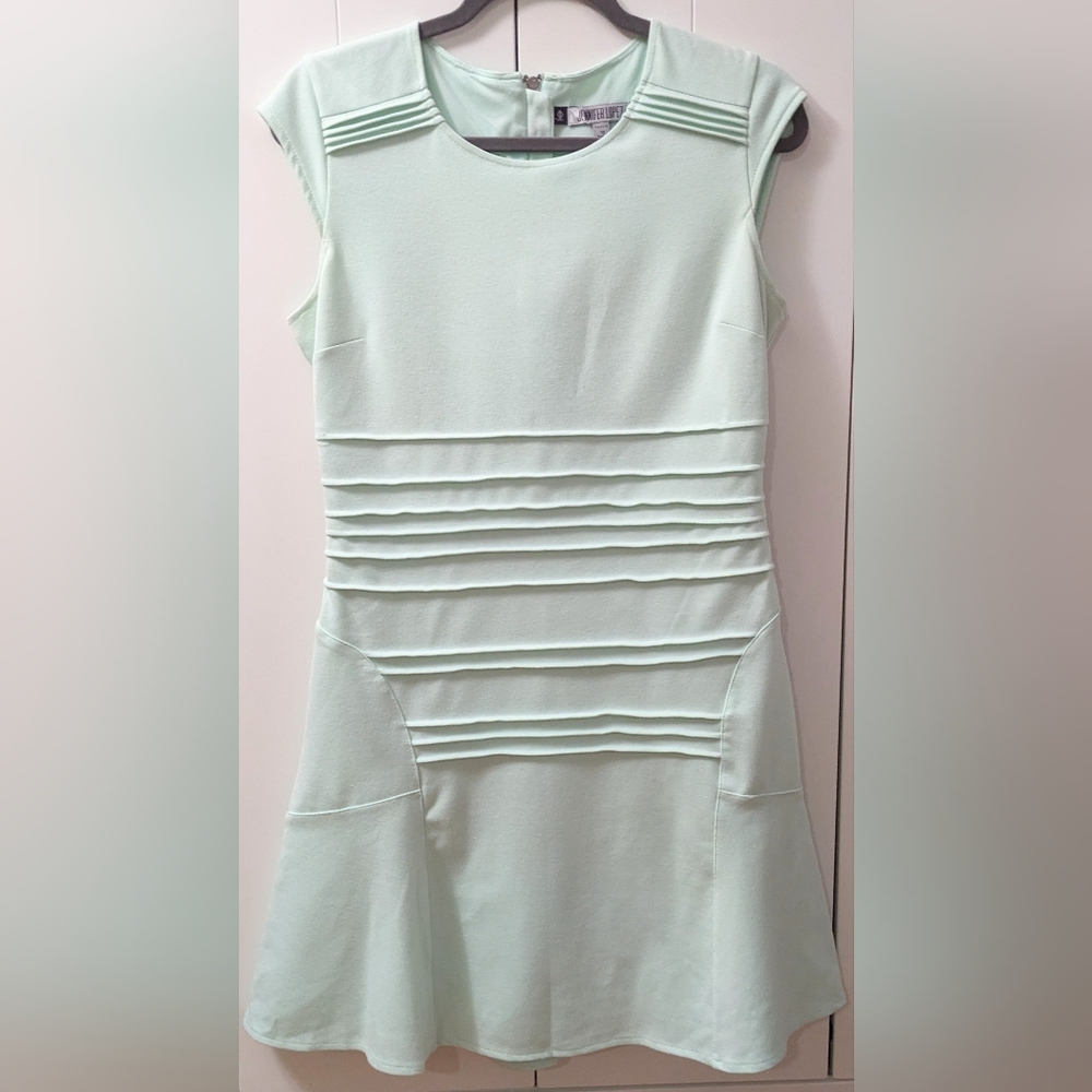JENNIFER LOPEZ, Pintuck Fit and Flare Ponte Dress, Mint, Size 12 Petite.